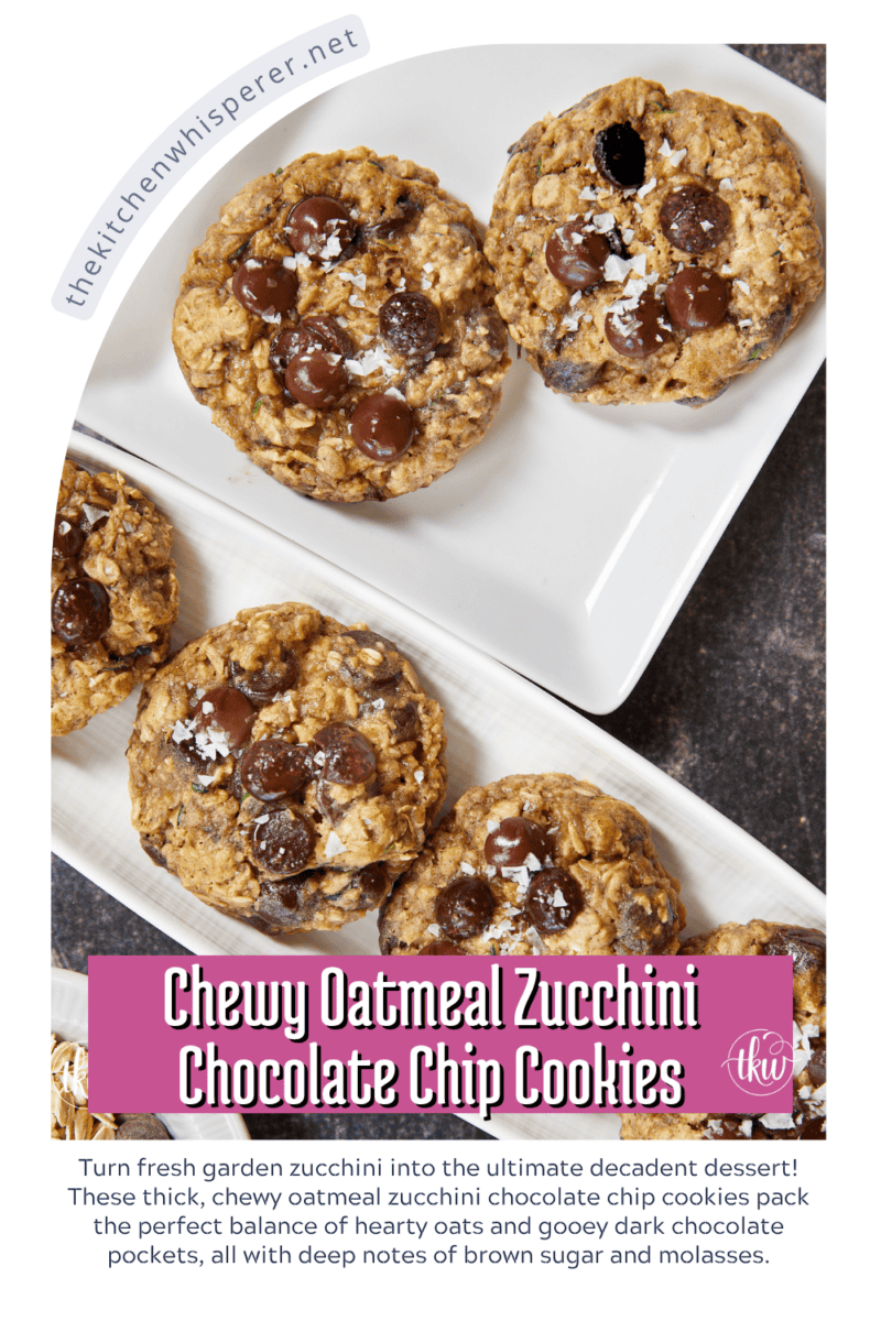 Turn fresh garden zucchini into the ultimate decadent dessert! These thick, chewy oatmeal zucchini chocolate chip cookies pack the perfect balance of hearty oats and gooey dark chocolate pockets, all with deep notes of brown sugar and molasses. Discover the dual-oat secret to keeping these bakery-style cookies perfectly chewy and never cakey. #zucchinicookies #oatmealchocolatechip #cookiesofpinterest