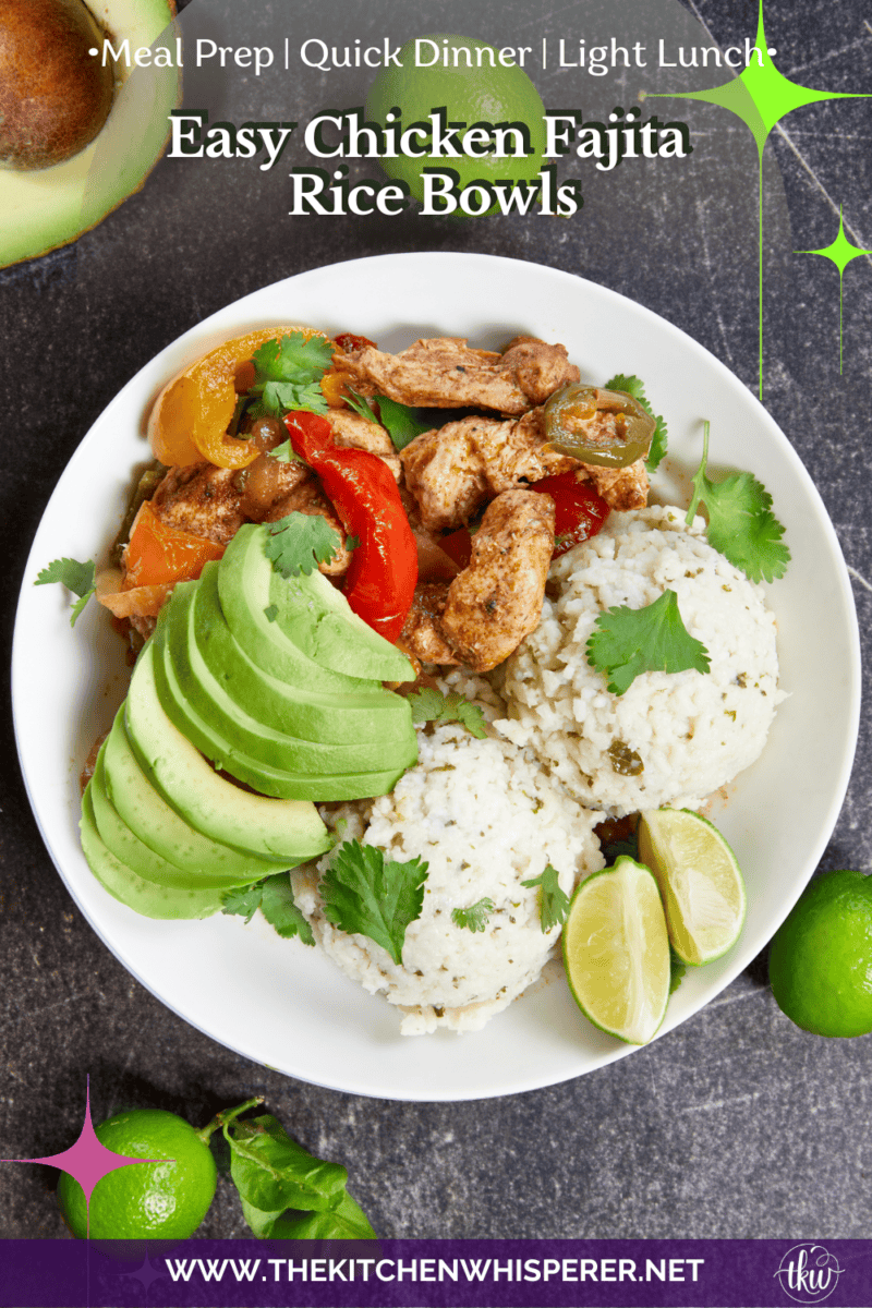 Juicy sliced chicken breasts, colorful bell peppers, and onions roasted in bold Tex-Mex seasoning make these Chicken Fajita Rice Bowls the ultimate low-stress meal. Layered over fluffy rice with fresh avocado and lime, it’s the perfect easy weeknight dinner or weekly meal prep lunch! #MealPrepIdeas #WeeknightDinners #ChickenFajitaBowl