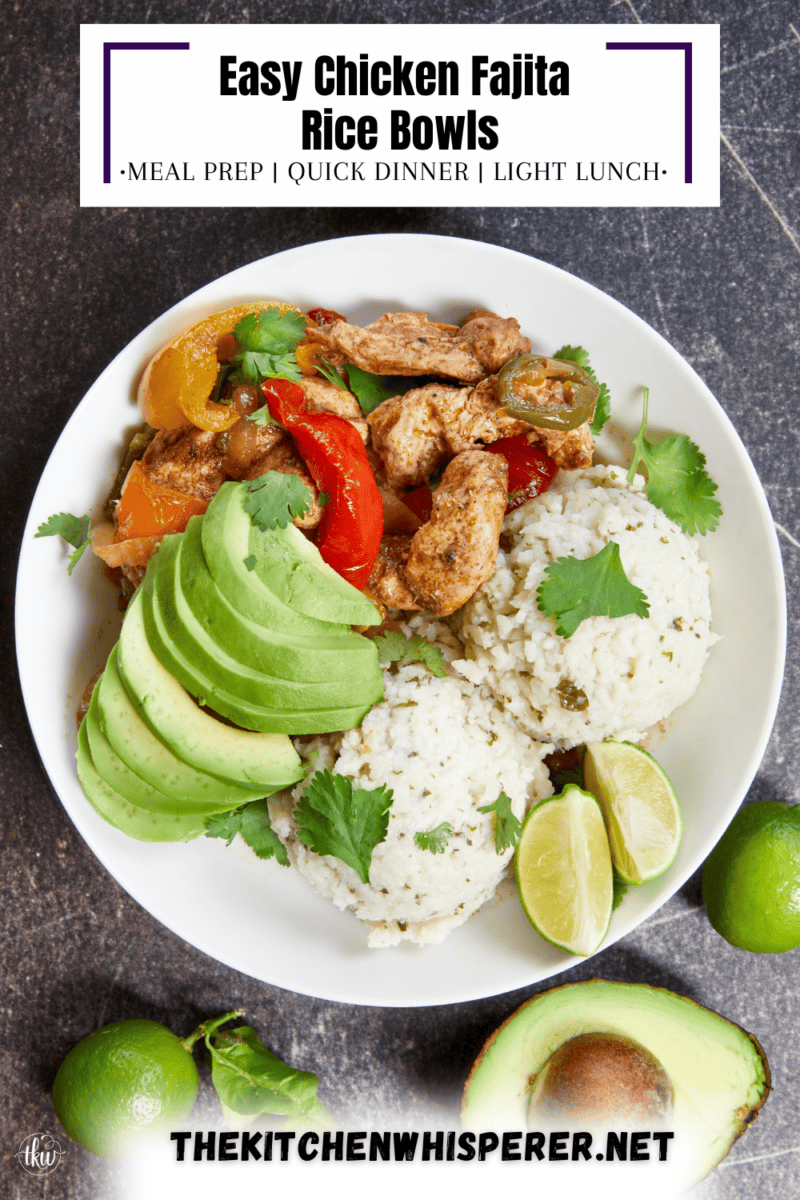 Juicy sliced chicken breasts, colorful bell peppers, and onions roasted in bold Tex-Mex seasoning make these Chicken Fajita Rice Bowls the ultimate low-stress meal. Layered over fluffy rice with fresh avocado and lime, it’s the perfect easy weeknight dinner or weekly meal prep lunch! #MealPrepIdeas #WeeknightDinners #ChickenFajitaBowl