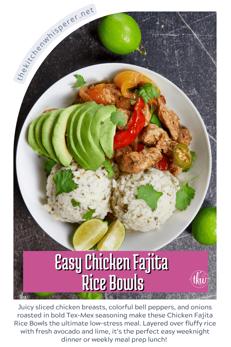 Juicy sliced chicken breasts, colorful bell peppers, and onions roasted in bold Tex-Mex seasoning make these Chicken Fajita Rice Bowls the ultimate low-stress meal. Layered over fluffy rice with fresh avocado and lime, it’s the perfect easy weeknight dinner or weekly meal prep lunch! #MealPrepIdeas #WeeknightDinners #ChickenFajitaBowl