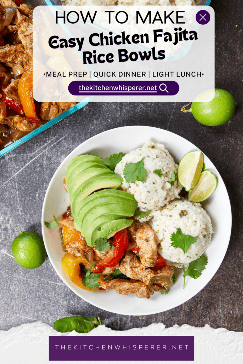 Juicy sliced chicken breasts, colorful bell peppers, and onions roasted in bold Tex-Mex seasoning make these Chicken Fajita Rice Bowls the ultimate low-stress meal. Layered over fluffy rice with fresh avocado and lime, it’s the perfect easy weeknight dinner or weekly meal prep lunch! #MealPrepIdeas #WeeknightDinners #ChickenFajitaBowl