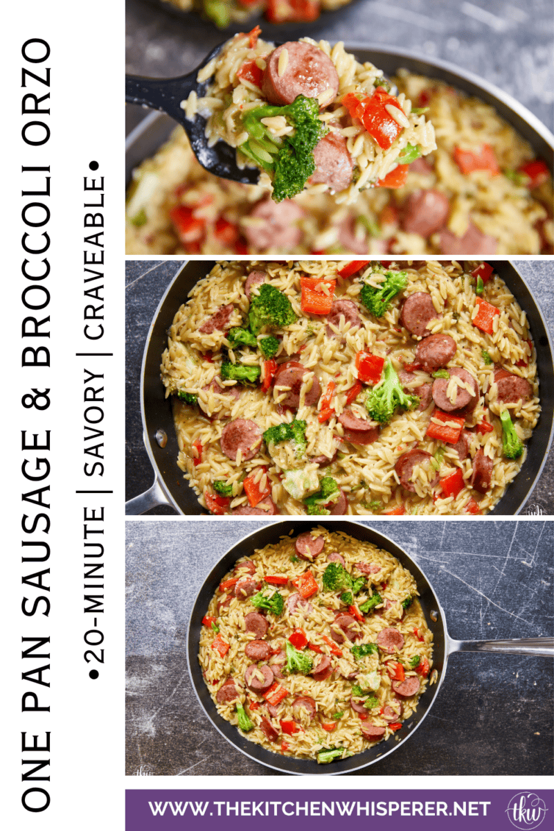 20-minute weeknight dinner made in just ONE skillet! This Sausage Broccoli Orzo combines smoky kielbasa, tender broccoli, and a velvety Parmesan herb sauce—no heavy cream needed. Perfect for busy nights and meal prep! #thekitchenwhisperer #20minutemeals #onepanmeals