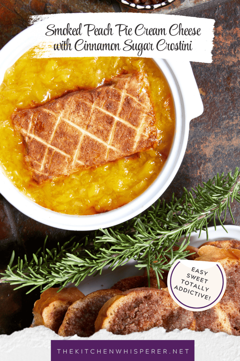 Warm, velvety smoked peach pie cream cheese coated in a sweet cinnamon-sugar crust, topped with juicy peach filling and served with crunchy candied pecans on the side. Accompanied by crisp cinnamon sugar crostini for the ultimate low-effort dessert dip recipe!