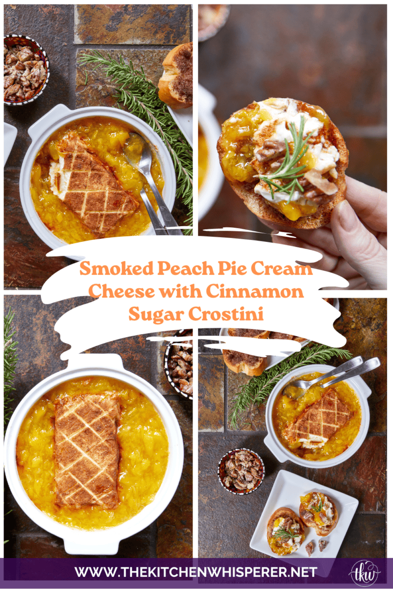 Warm, velvety smoked peach pie cream cheese coated in a sweet cinnamon-sugar crust, topped with juicy peach filling and served with crunchy candied pecans on the side. Accompanied by crisp cinnamon sugar crostini for the ultimate low-effort dessert dip recipe!