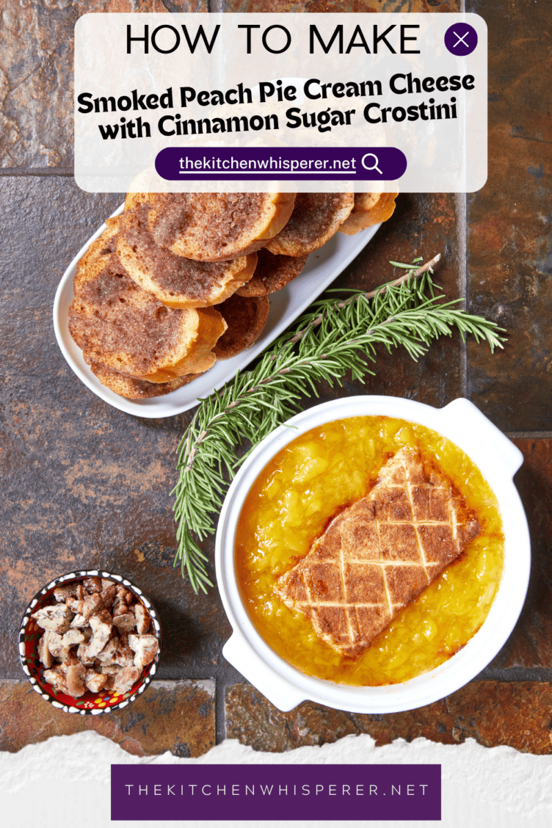 Warm, velvety smoked peach pie cream cheese coated in a sweet cinnamon-sugar crust, topped with juicy peach filling and served with crunchy candied pecans on the side. Accompanied by crisp cinnamon sugar crostini for the ultimate low-effort dessert dip recipe!