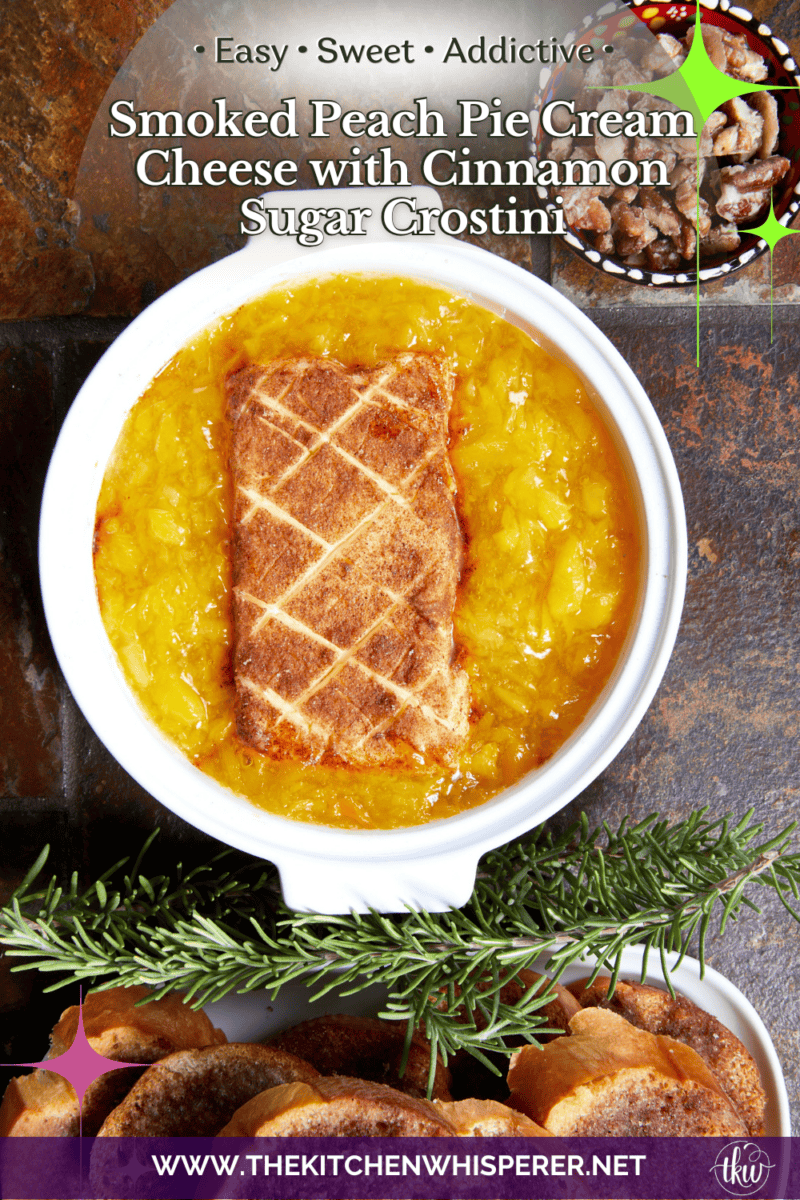 Warm, velvety smoked peach pie cream cheese coated in a sweet cinnamon-sugar crust, topped with juicy peach filling and served with crunchy candied pecans on the side. Accompanied by crisp cinnamon sugar crostini for the ultimate low-effort dessert dip recipe!
