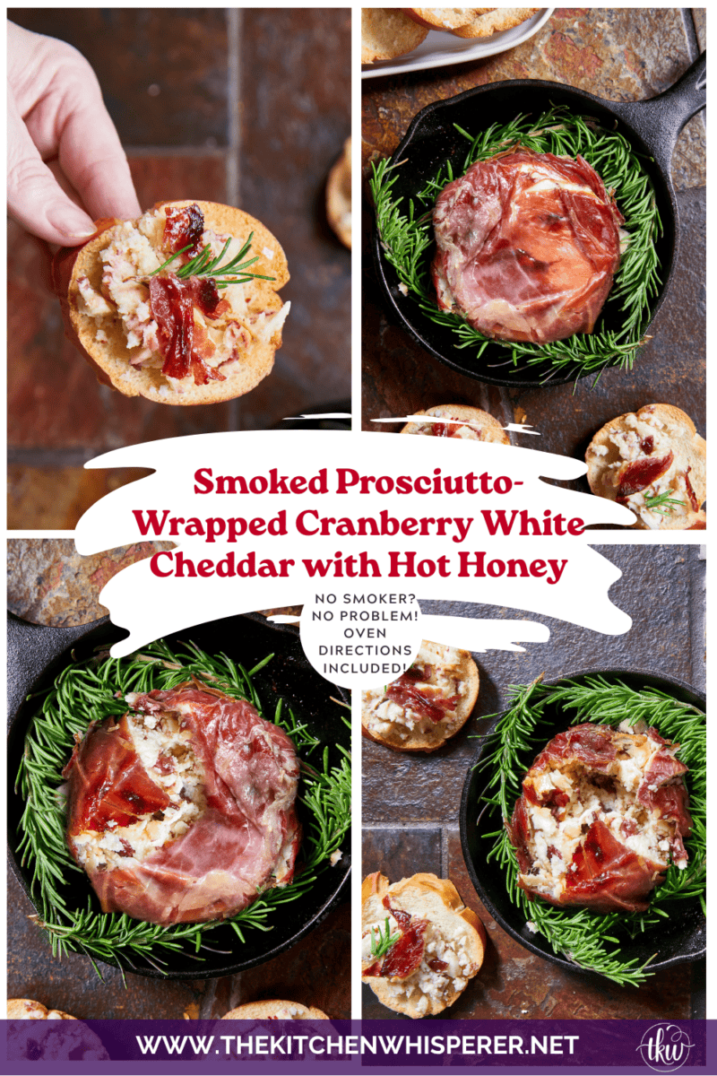 Smoked Prosciutto-Wrapped Cranberry White Cheddar Cheese drizzled with hot honey and fresh rosemary on a serving board with crostini.