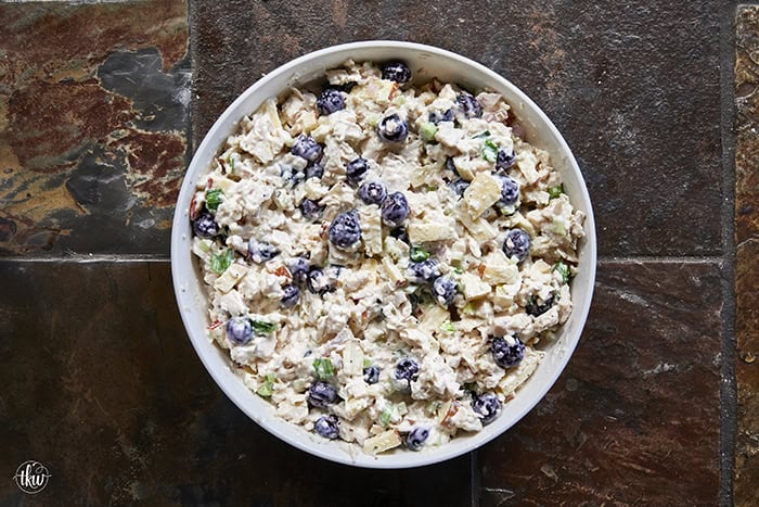 A creamy deli chicken salad packed with tender white meat chicken, sweet fresh blueberries, and crunchy diced apples, accented by shallots, scallions, and celery, all tossed in a seasoned tarragon-mayo dressing brightened with apple cider vinegar.