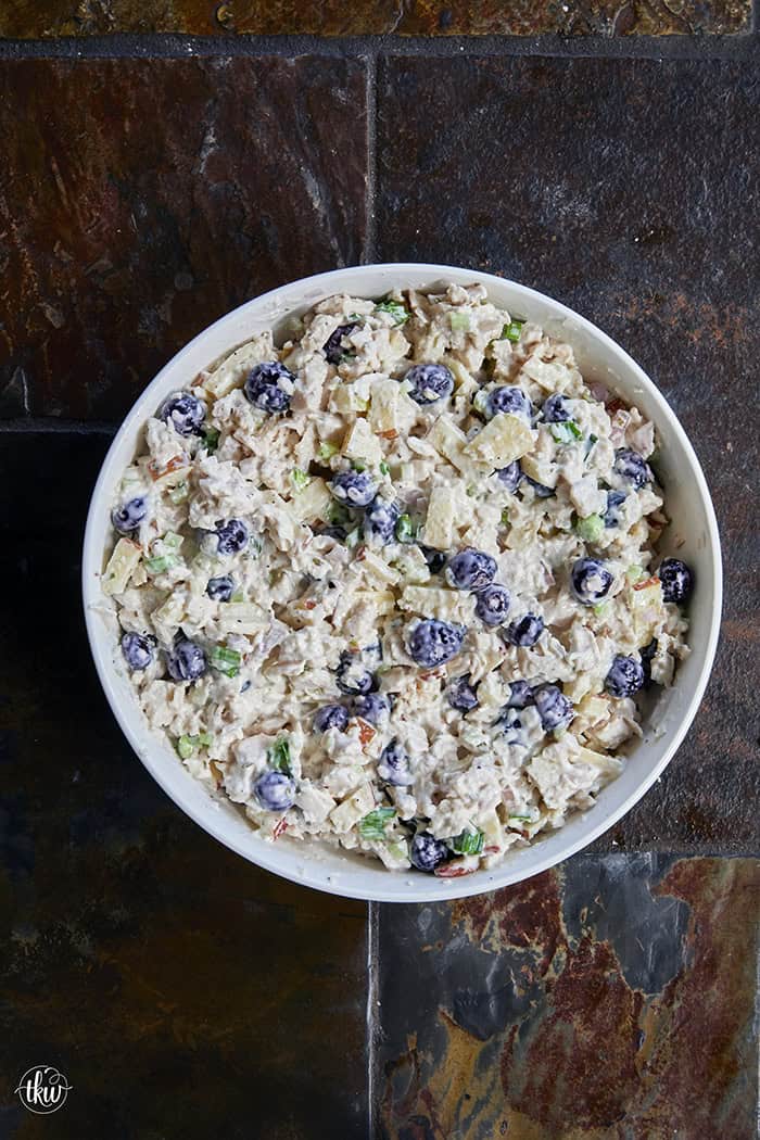 A creamy deli chicken salad packed with tender white meat chicken, sweet fresh blueberries, and crunchy diced apples, accented by shallots, scallions, and celery, all tossed in a seasoned tarragon-mayo dressing brightened with apple cider vinegar.