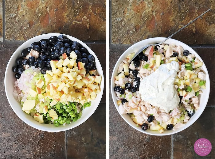 A creamy deli chicken salad packed with tender white meat chicken, sweet fresh blueberries, and crunchy diced apples, accented by shallots, scallions, and celery, all tossed in a seasoned tarragon-mayo dressing brightened with apple cider vinegar.