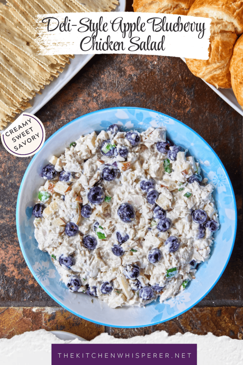 A creamy deli chicken salad packed with tender white meat chicken, sweet fresh blueberries, and crunchy diced apples, accented by shallots, scallions, and celery, all tossed in a seasoned tarragon-mayo dressing brightened with apple cider vinegar.