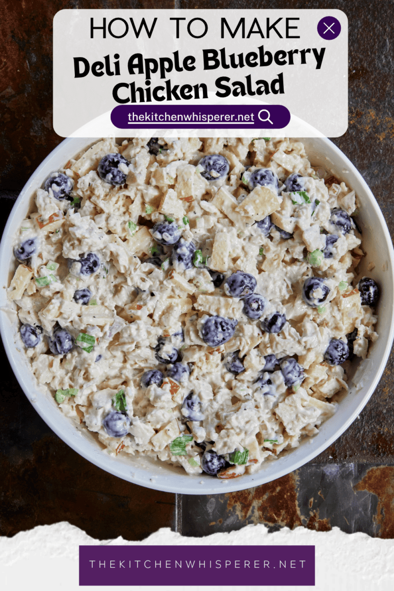 A creamy deli chicken salad packed with tender white meat chicken, sweet fresh blueberries, and crunchy diced apples, accented by shallots, scallions, and celery, all tossed in a seasoned tarragon-mayo dressing brightened with apple cider vinegar.