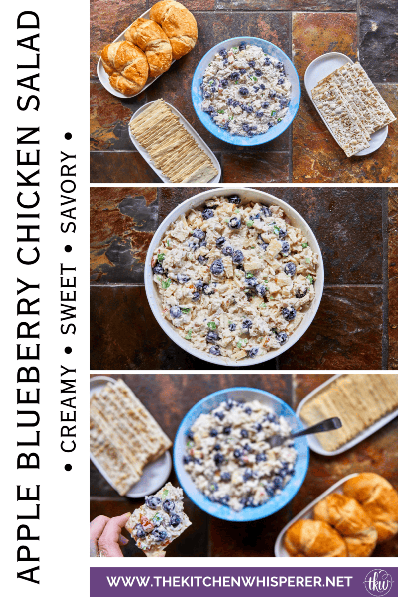 A creamy deli chicken salad packed with tender white meat chicken, sweet fresh blueberries, and crunchy diced apples, accented by shallots, scallions, and celery, all tossed in a seasoned tarragon-mayo dressing brightened with apple cider vinegar.