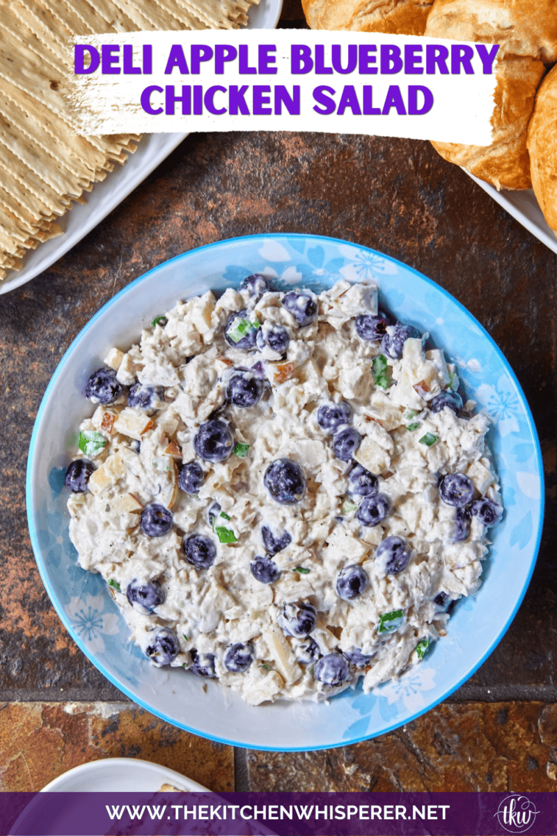 A creamy deli chicken salad packed with tender white meat chicken, sweet fresh blueberries, and crunchy diced apples, accented by shallots, scallions, and celery, all tossed in a seasoned tarragon-mayo dressing brightened with apple cider vinegar.