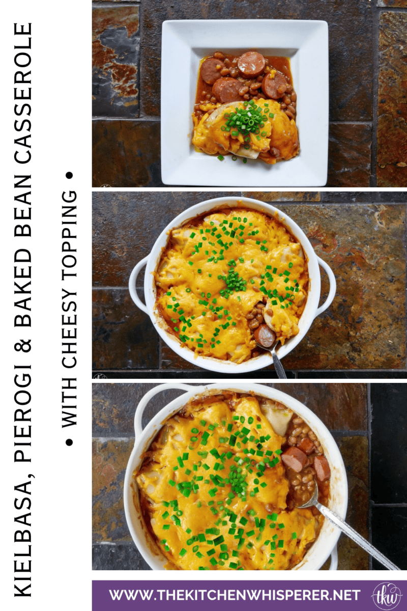 A hearty comfort food casserole made with smoky sliced kielbasa sausage and sweet baked beans, topped with pillowy potato-and-cheese pierogies, melted sharp cheddar cheese, and a sprinkle of fresh green onions.