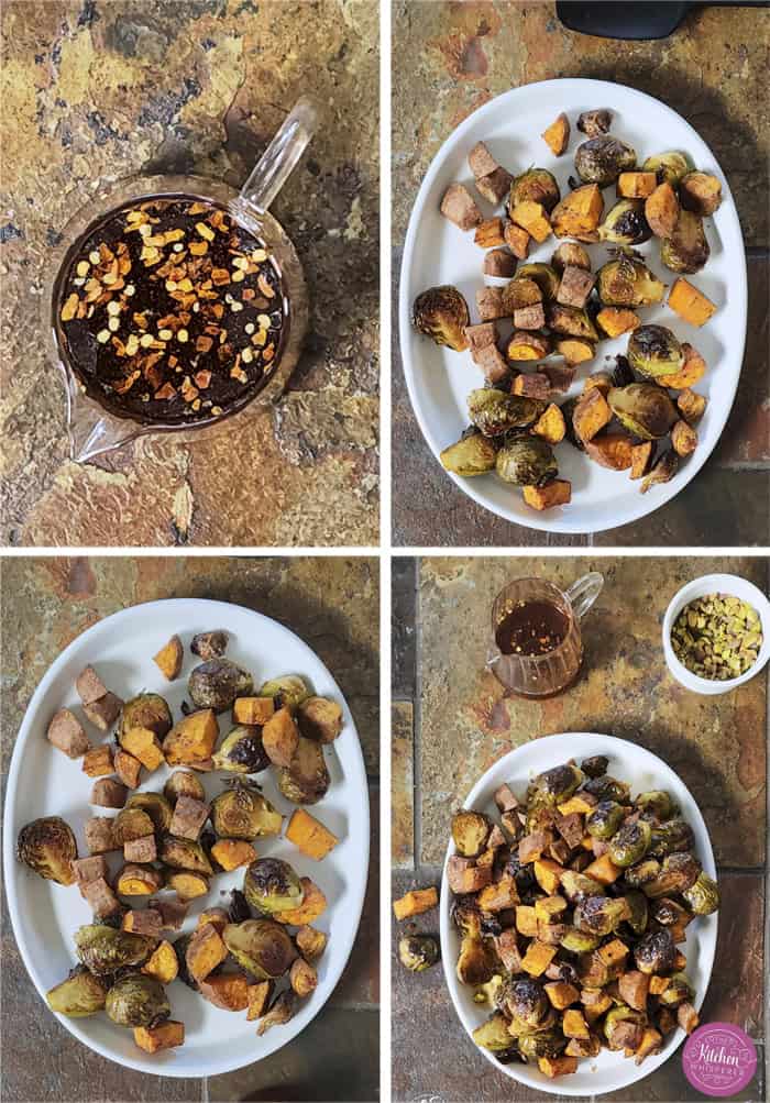 Sheet-pan roasted Brussels sprouts and sweet potatoes tossed in a warm spiced maple glaze and toasted pistachios. An easy side dish that is naturally vegan, gluten-free, and perfect for any dinner table.