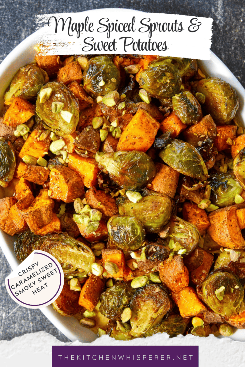 Sheet-pan roasted Brussels sprouts and sweet potatoes tossed in a warm spiced maple glaze and toasted pistachios. An easy side dish that is naturally vegan, gluten-free, and perfect for any dinner table.