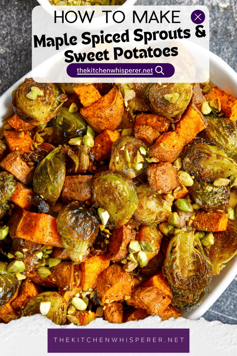 Sheet-pan roasted Brussels sprouts and sweet potatoes tossed in a warm spiced maple glaze and toasted pistachios. An easy side dish that is naturally vegan, gluten-free, and perfect for any dinner table.