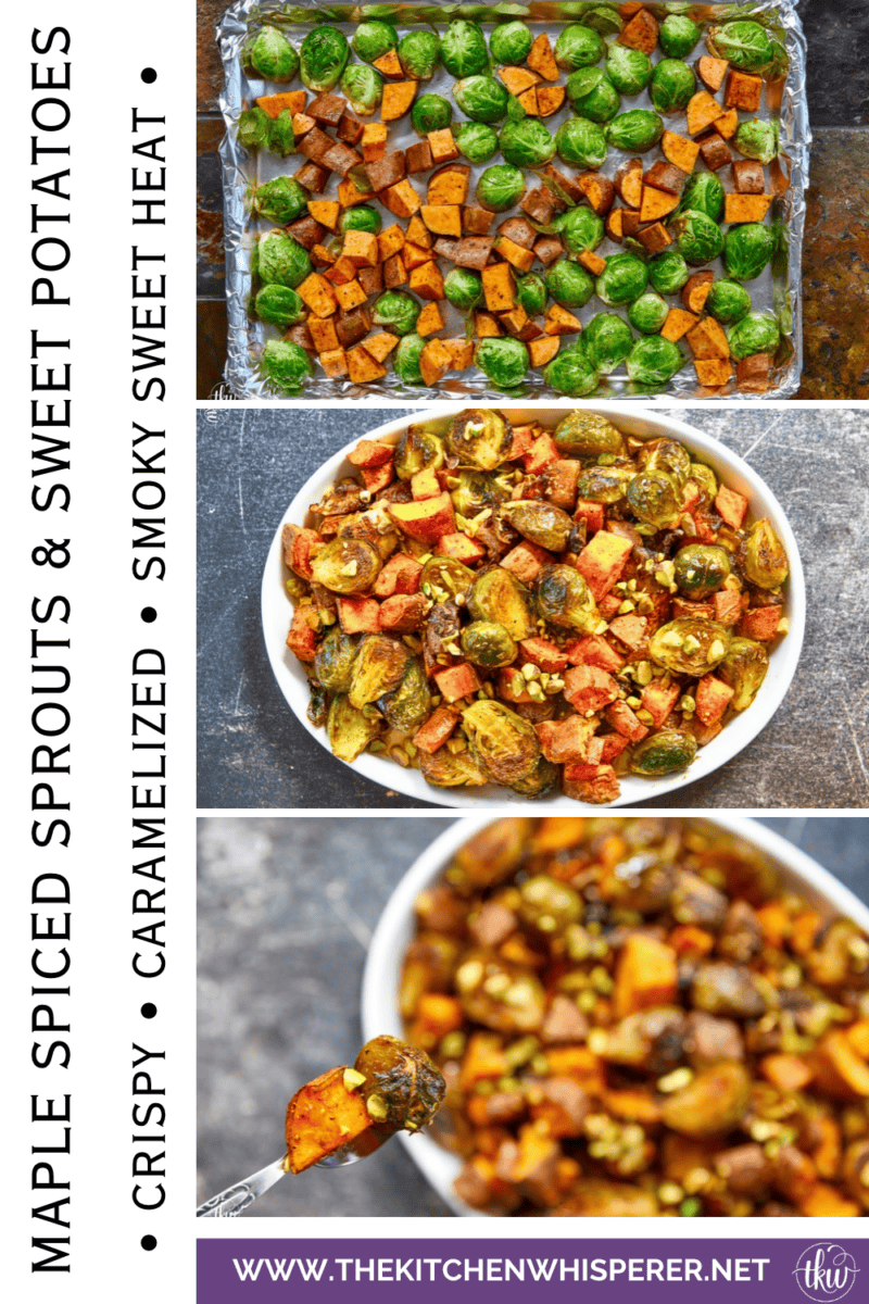 Sheet-pan roasted Brussels sprouts and sweet potatoes tossed in a warm spiced maple glaze and toasted pistachios. An easy side dish that is naturally vegan, gluten-free, and perfect for any dinner table.
