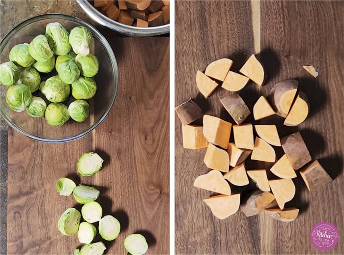 Sheet-pan roasted Brussels sprouts and sweet potatoes tossed in a warm spiced maple glaze and toasted pistachios. An easy side dish that is naturally vegan, gluten-free, and perfect for any dinner table.